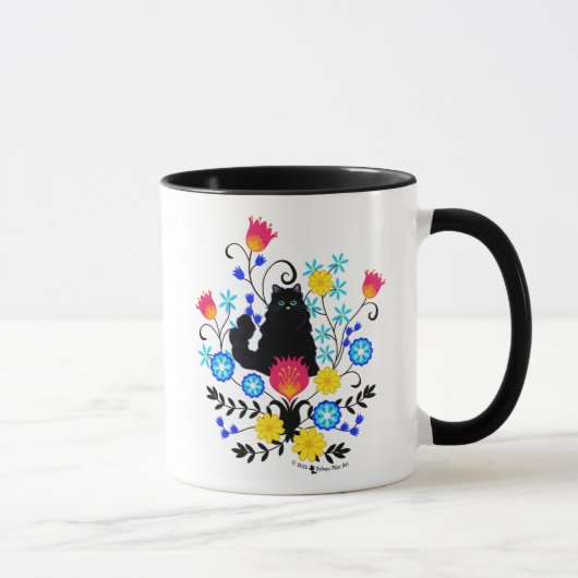 Mug Chat Fluffy Noir avec Fleurs (Droite)