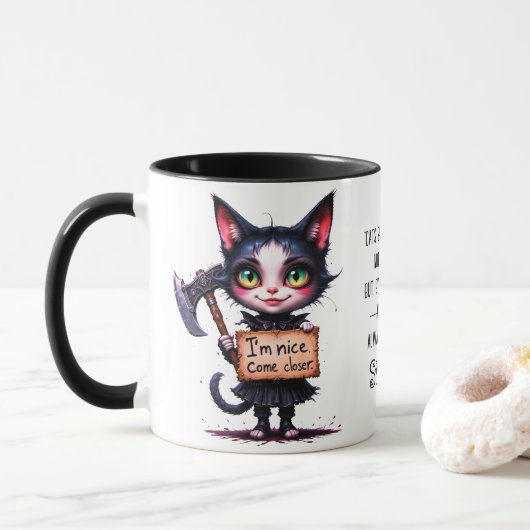 Mug Chat gothique effrayant psychopathe mignon avec ha (Avec donut)