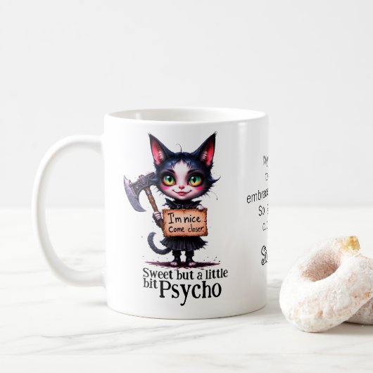 Mug Chat gothique psycho mignon avec hache (Avec donut)