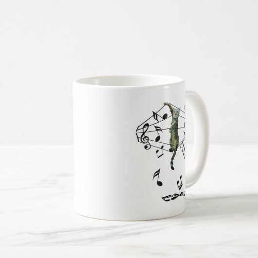 Mug chat gris attrapé dans treize notes musicales (Devant droit)