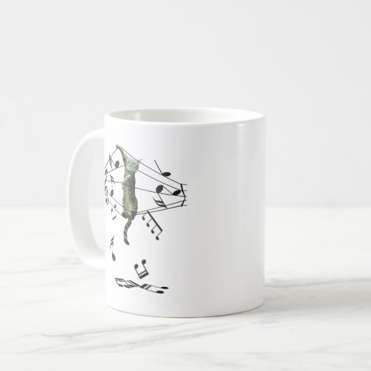 Mug chat gris attrapé dans treize notes musicales (Devant gauche)