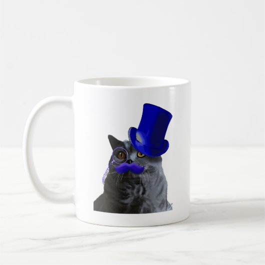 Mug Chat gris avec chapeau bleu et moustache bleue (Gauche)