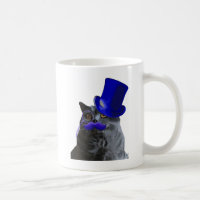 Chat gris avec chapeau bleu et moustache bleue