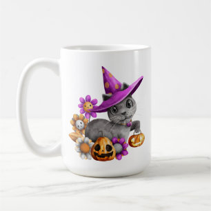 MUG CHAT HALLOWEEN GRIS ADORABLE AVEC BAIES FLEURIES