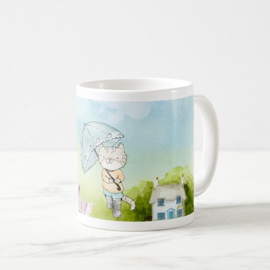 Mug Chat jouant avec papillon et parapluie dans la nat (Devant droit)