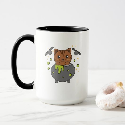 Mug Chat Joyeux Halloween Cauldron Bat (Avec donut)
