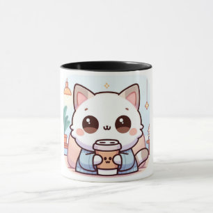 Mug Chat Kawaii avec Café – Illustration Chat Mign
