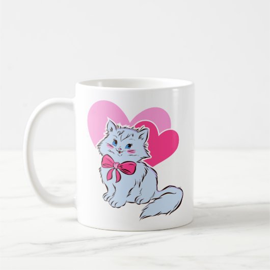 Mug Chat Kawaii Bleu Avec Nœud Rose & Cœurs (Gauche)