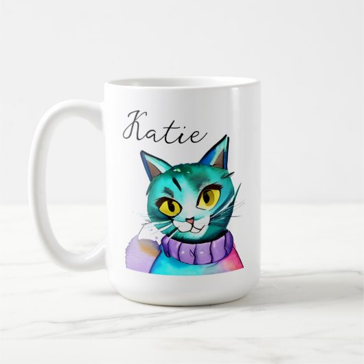 Mug Chat Kitty Bleu Mignon Personnalisé (Gauche)