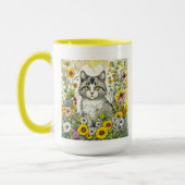 Mug Chat kitty gris et blanc assis en fleurs (Gauche)