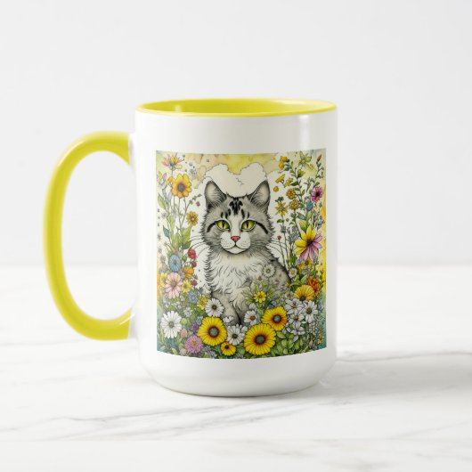 Mug Chat kitty gris et blanc assis en fleurs (Gauche)