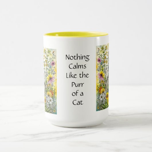 Mug Chat kitty gris et blanc assis en fleurs (Centre)