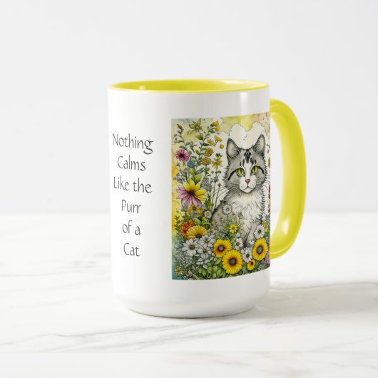 Mug Chat kitty gris et blanc assis en fleurs (Devant droit)