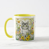 Mug Chat kitty gris et blanc assis en fleurs (Gauche)