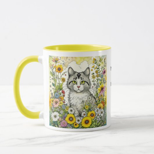 Mug Chat kitty gris et blanc assis en fleurs (Gauche)