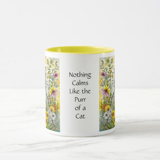 Mug Chat kitty gris et blanc assis en fleurs (Centre)