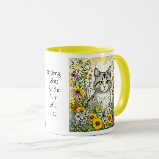 Mug Chat kitty gris et blanc assis en fleurs (Devant droit)