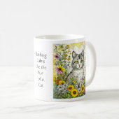 Mug Chat kitty gris et blanc assis en fleurs (Devant droit)