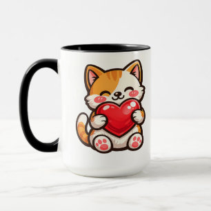 Mug Chat Mignon Cœur – Chat Kawaii Enlaçant un Cœur Ro