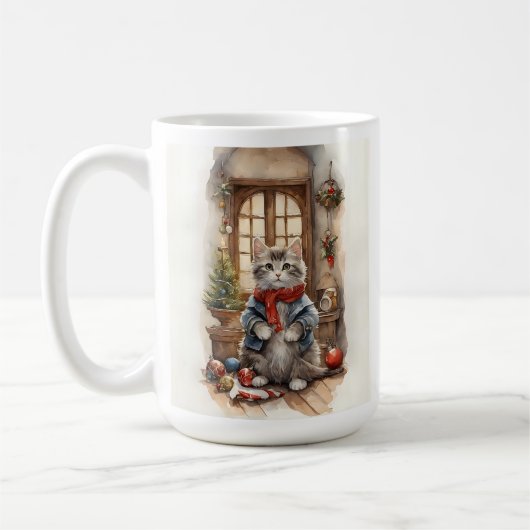 Mug Chat mignonne à la veste de Noël et à l'écharpe (Gauche)
