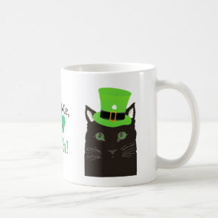 Mug Chat noir avec chapeau, trèfle, Embrassez-moi, je