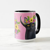 Mug Chat noir avec couronne de fleurs (Devant droit)