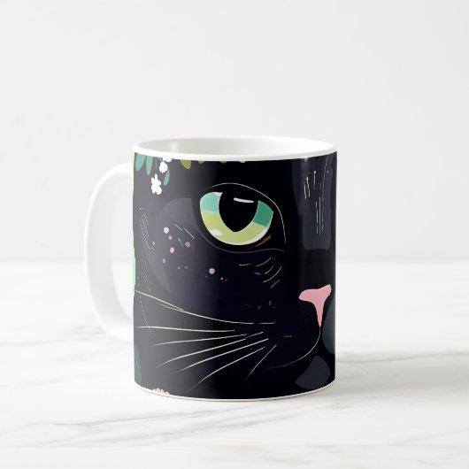 Mug Chat noir avec couronne florale (Devant gauche)