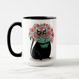 Mug Chat noir avec fleurs