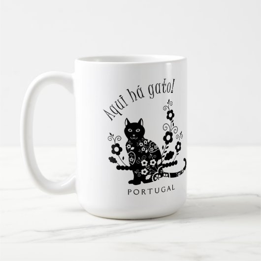 Mug Chat noir avec fleurs et expression portugaise (Gauche)