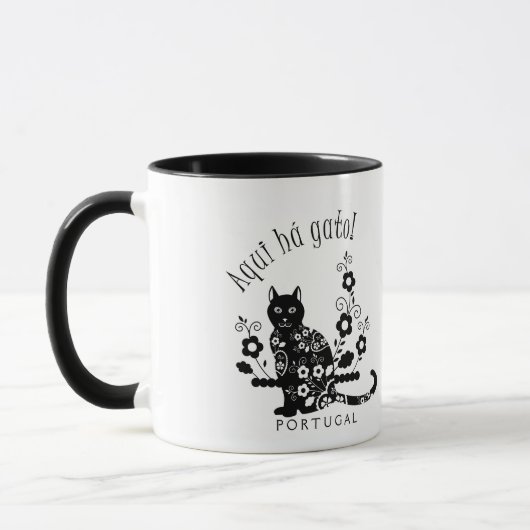 Mug Chat noir avec fleurs et expression portugaise (Gauche)