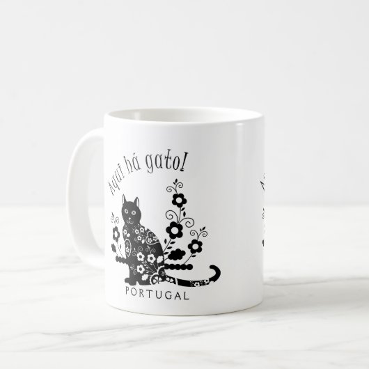 Mug Chat noir avec fleurs et expression portugaise (Devant gauche)