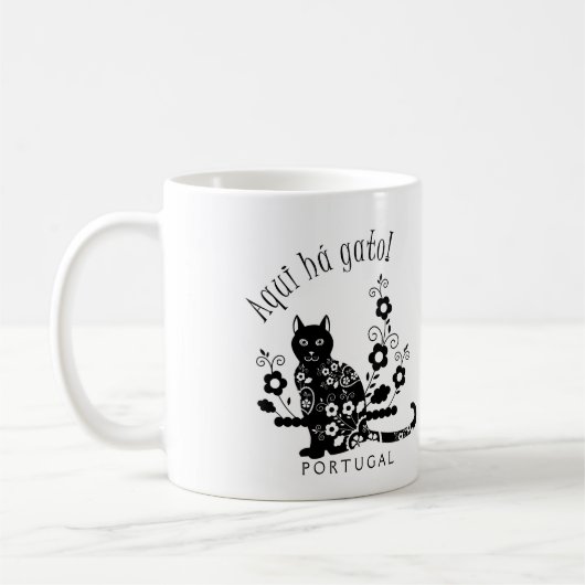 Mug Chat noir avec fleurs et expression portugaise (Gauche)