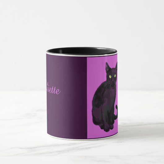Mug Chat noir avec muqueuse arrière - plan fuchsia (Centre)