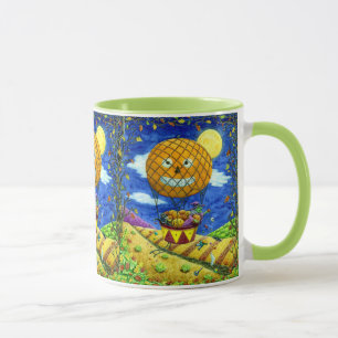 MUG CHAT NOIR DANS L'AIR CHAUD BALLON HUMOUR ART FOLK