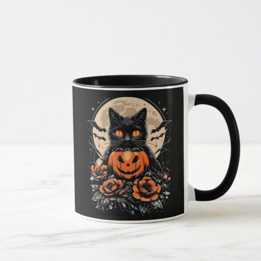 Mug Chat noir d'Halloween, Lune et Citrouille (Droite)