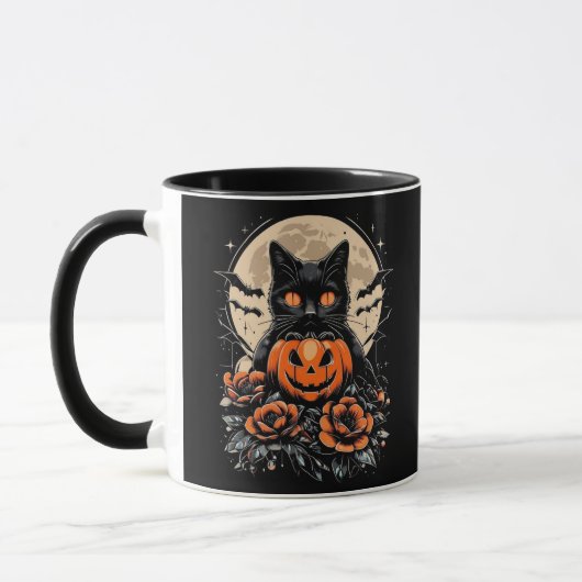 Mug Chat noir d'Halloween, Lune et Citrouille (Gauche)