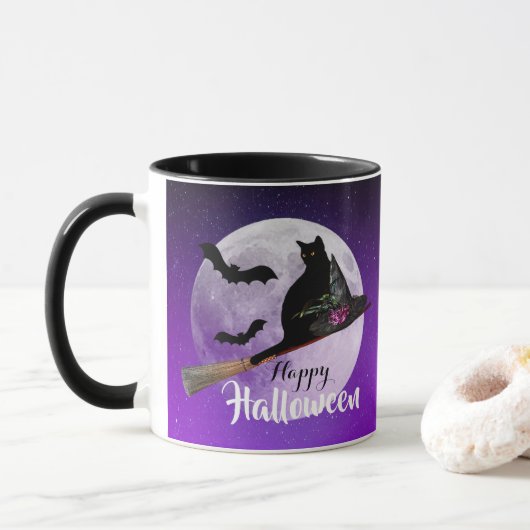 Mug Chat noir d'Halloween sur la Pleine lune de chambr (Avec donut)