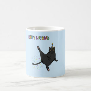 Mug Chat noir drôle qui péte des confettis Joyeux Anni