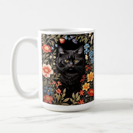 Mug Chat Noir Élégant Fleurs Colorées (Gauche)