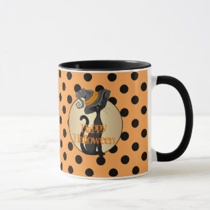 Mug Chat noir en sorcière Casquette Halloween heureux