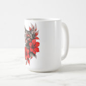 Mug Chat noir et blanc avec des fleurs rouges vives (Devant droit)