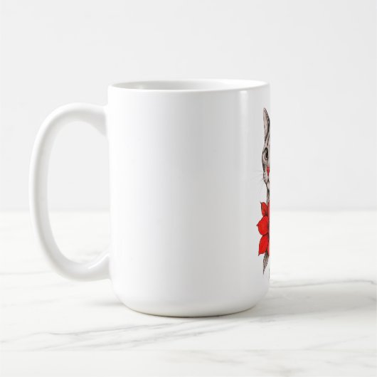 Mug Chat noir et blanc avec des fleurs rouges vives (Gauche)