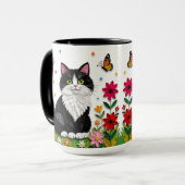 Mug Chat noir et blanc, Fleurs et Papillons   (Devant gauche)