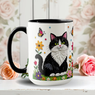 Mug Chat noir et blanc, Fleurs et Papillons