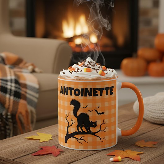 Mug Chat noir et chauves-souris d'Halloween sur plaid