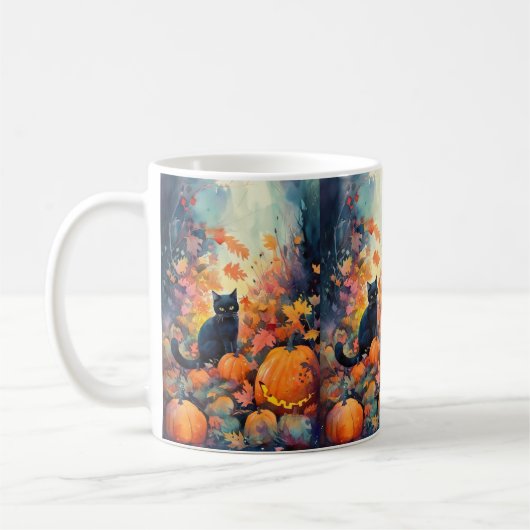 Mug Chat noir Halloween avec citrouilles effrayant (Gauche)