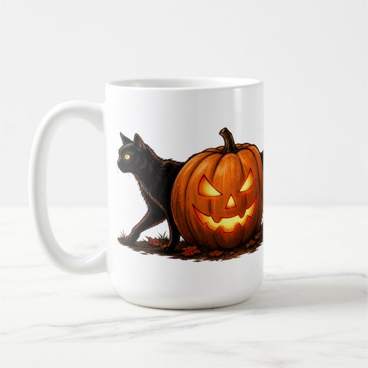 Mug Chat noir long et effrayant derrière une citrouill (Gauche)