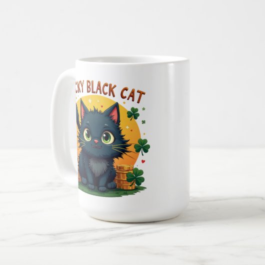 Mug Chat noir Lucky : St. Patrick's Day Clover & Coins (Devant gauche)