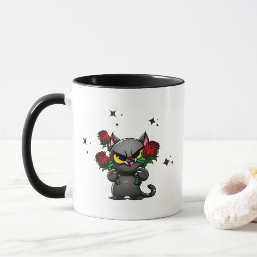 Mug Chat noir mal tenant Rose Cool étoiles foncé (Avec donut)