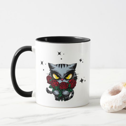 Mug Chat noir mal tenant Rose Cool étoiles foncé (Avec donut)